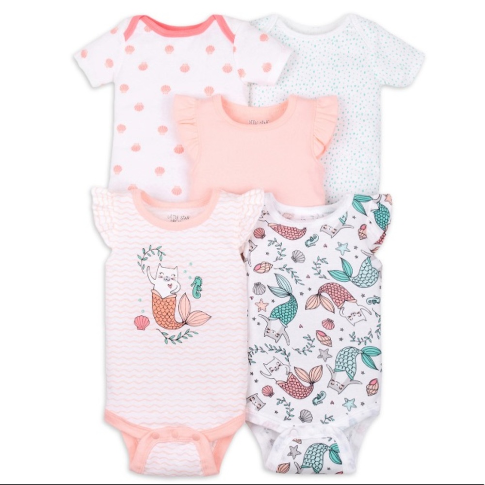 Little Star Natural Cotton Baby Girl Short Sleeve Bodysuits, 5Pk